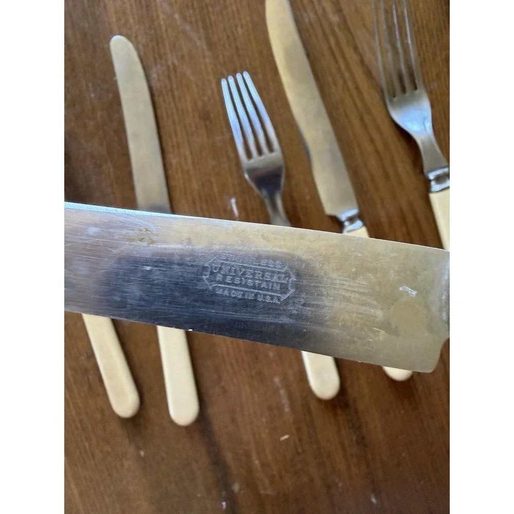 Vintage Universal Resystain Cutlery Set Landers Frary Clark Faux Bone Handle 7pc